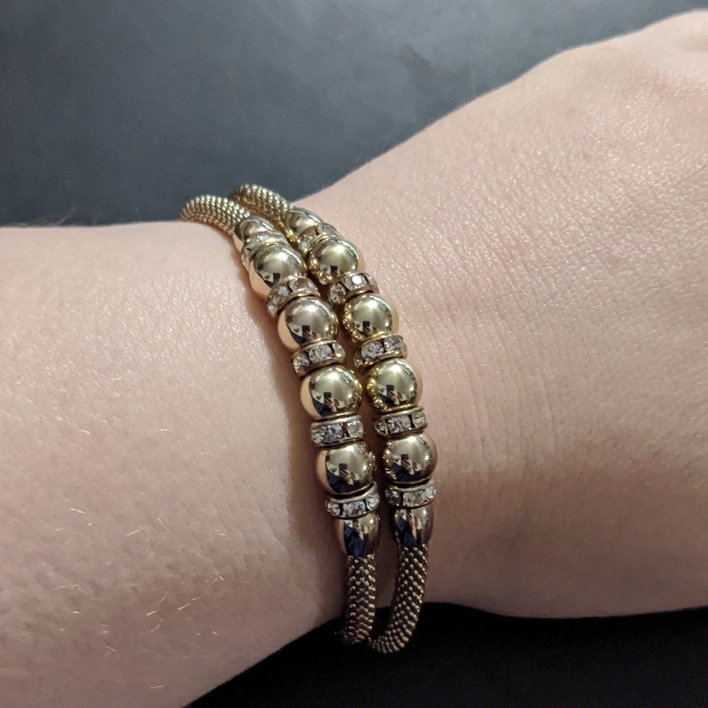Gold Tone Rhinestone Mesh Beaded Stretchy Elastic Statement Bracelet - Set of 2